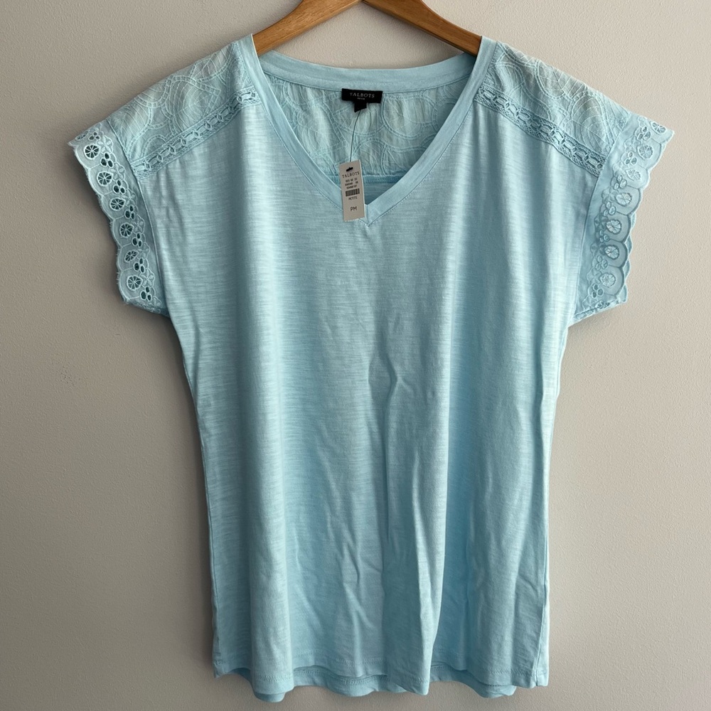 Talbots Blue Cap Sleeve Blouse with Embroidery size MP